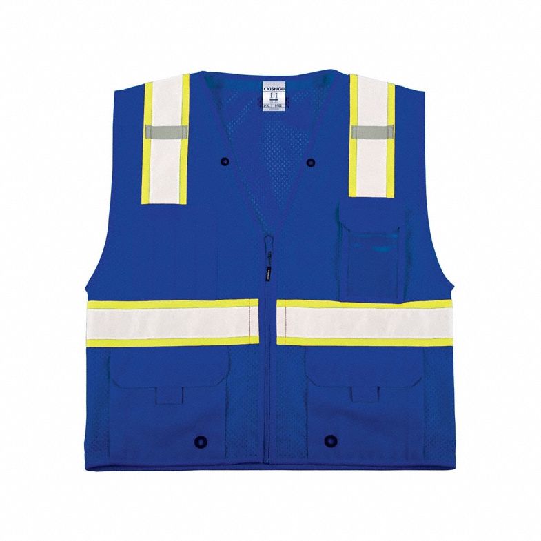 High-Visibility Vest: U, 2XL/3XL, Blue, Mesh Polyester, Zipper, Contrasting, Single