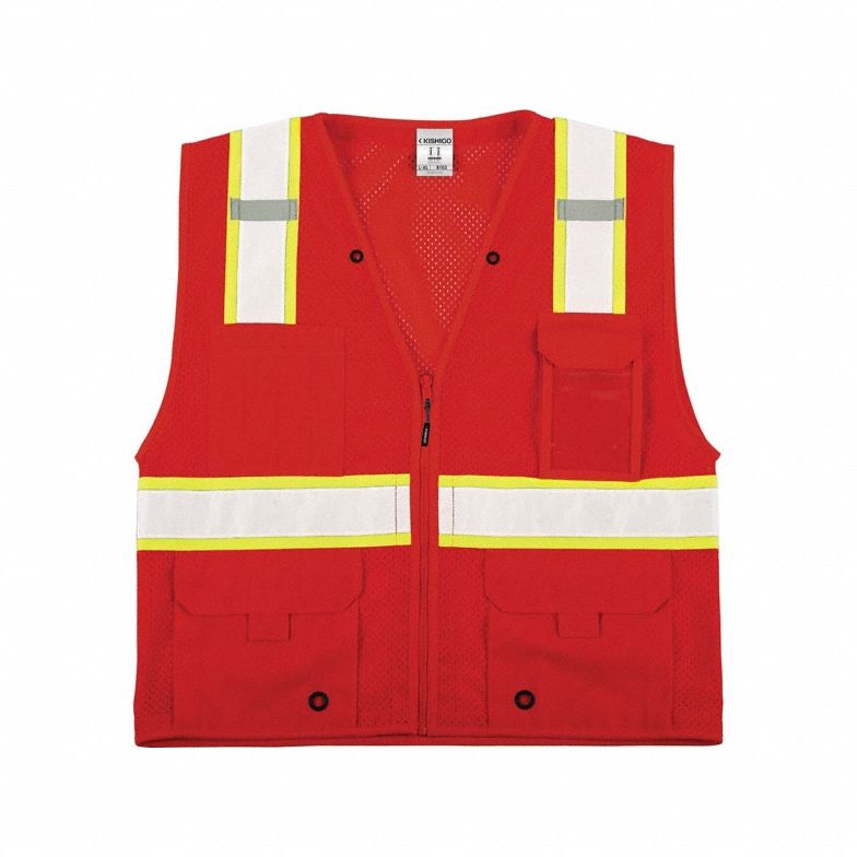 High-Visibility Vest: U, 2XL/3XL, Red, Mesh Polyester, Zipper, Contrasting, Single