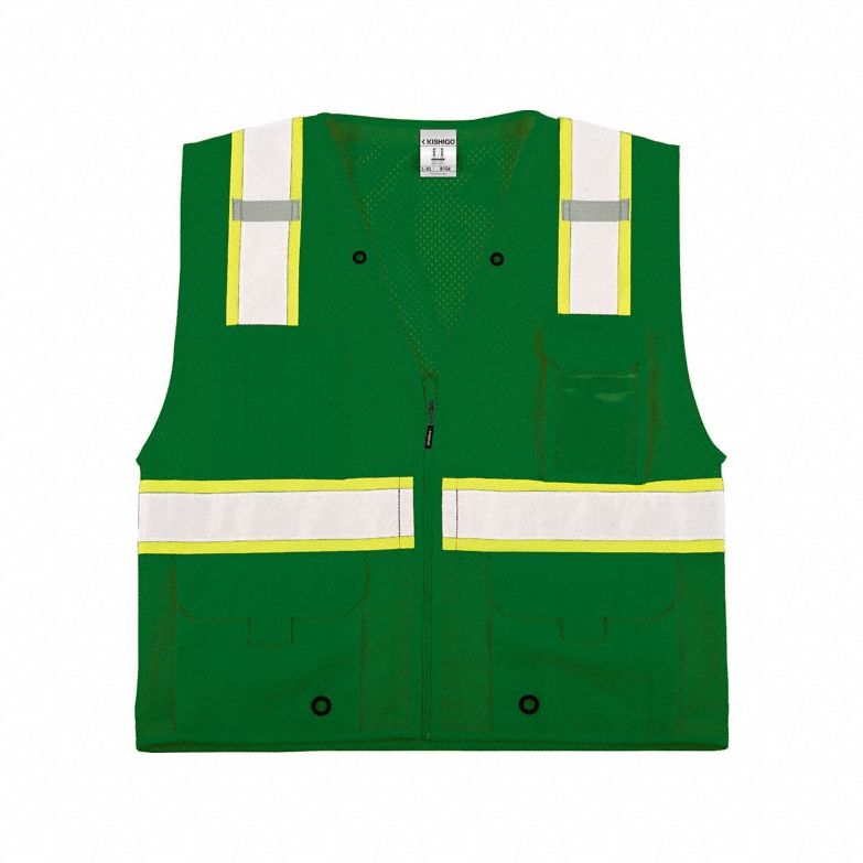 High-Visibility Vest: U, 2XL/3XL, Green, Mesh Polyester, Zipper, Contrasting, Single