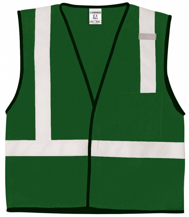 High-Visibility Vest: U, 2XL/3XL, Green, Mesh Polyester, Hook-and-Loop, Contrasting, Single
