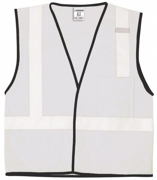 High-Visibility Vest: U, 2XL/3XL, White, Mesh Polyester, Hook-and-Loop, Contrasting, Single