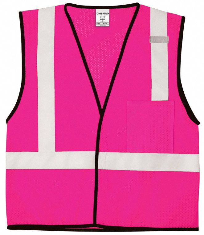 High-Visibility Vest: U, 2XL/3XL, Pink, Mesh Polyester, Hook-and-Loop, Contrasting, Single