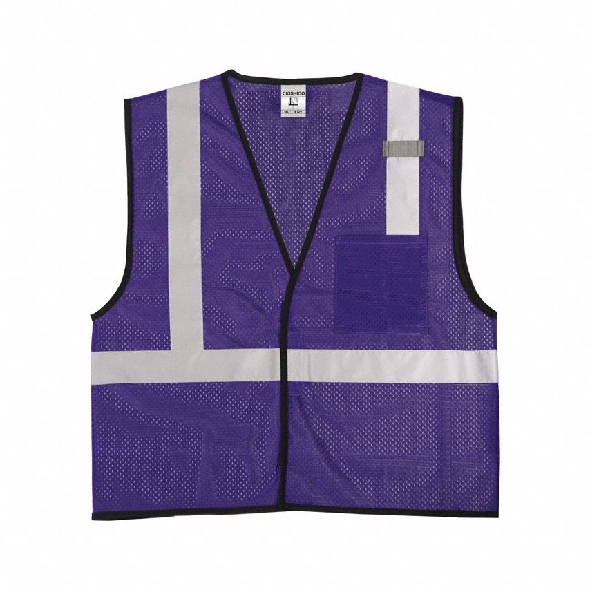High-Visibility Vest: U, 2XL/3XL, Purple, Mesh Polyester, Hook-and-Loop, Contrasting, Single