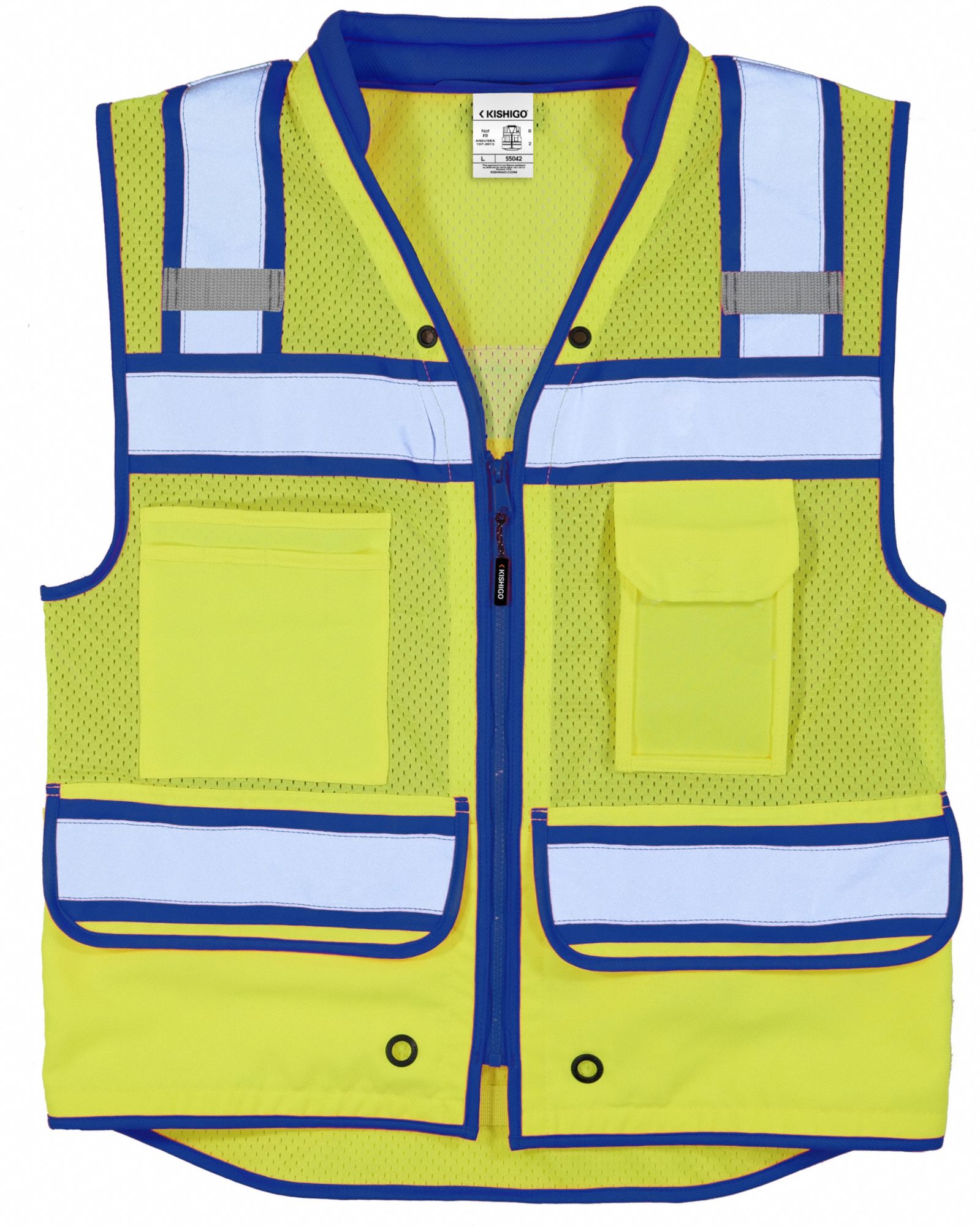 Surveyor Vest: ANSI Class 2, U, 2XL, Lime/Royal Blue, Mesh Polyester, Zipper, Contrasting