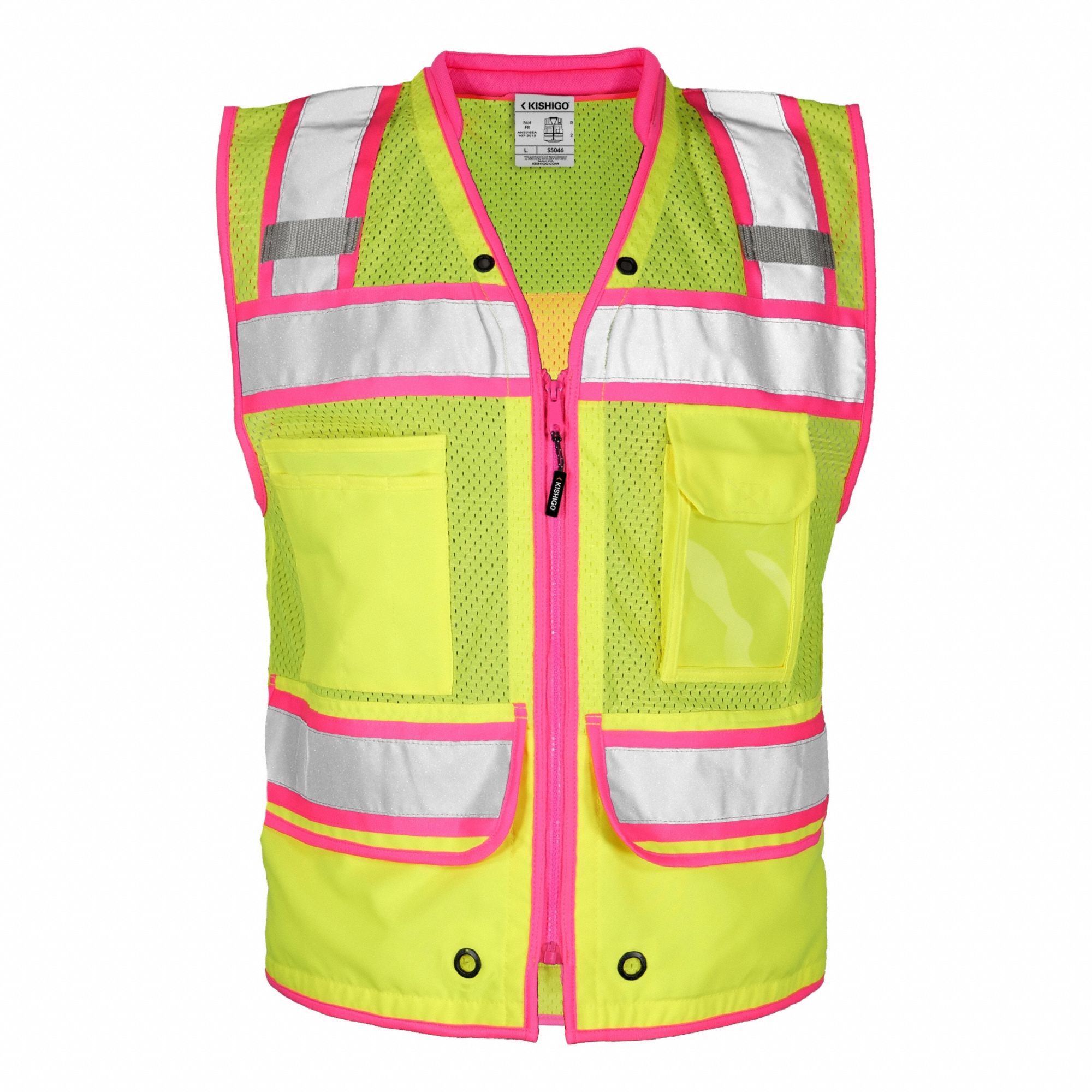 Surveyor Vest: ANSI Class 2, U, 2XL, Lime/Pink, Mesh Polyester, Zipper, Contrasting, Double