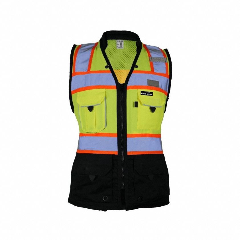 Surveyors Vest: ANSI Class 2, U, S, Lime, Solid/Mesh Polyester, Zipper, Contrasting, Double