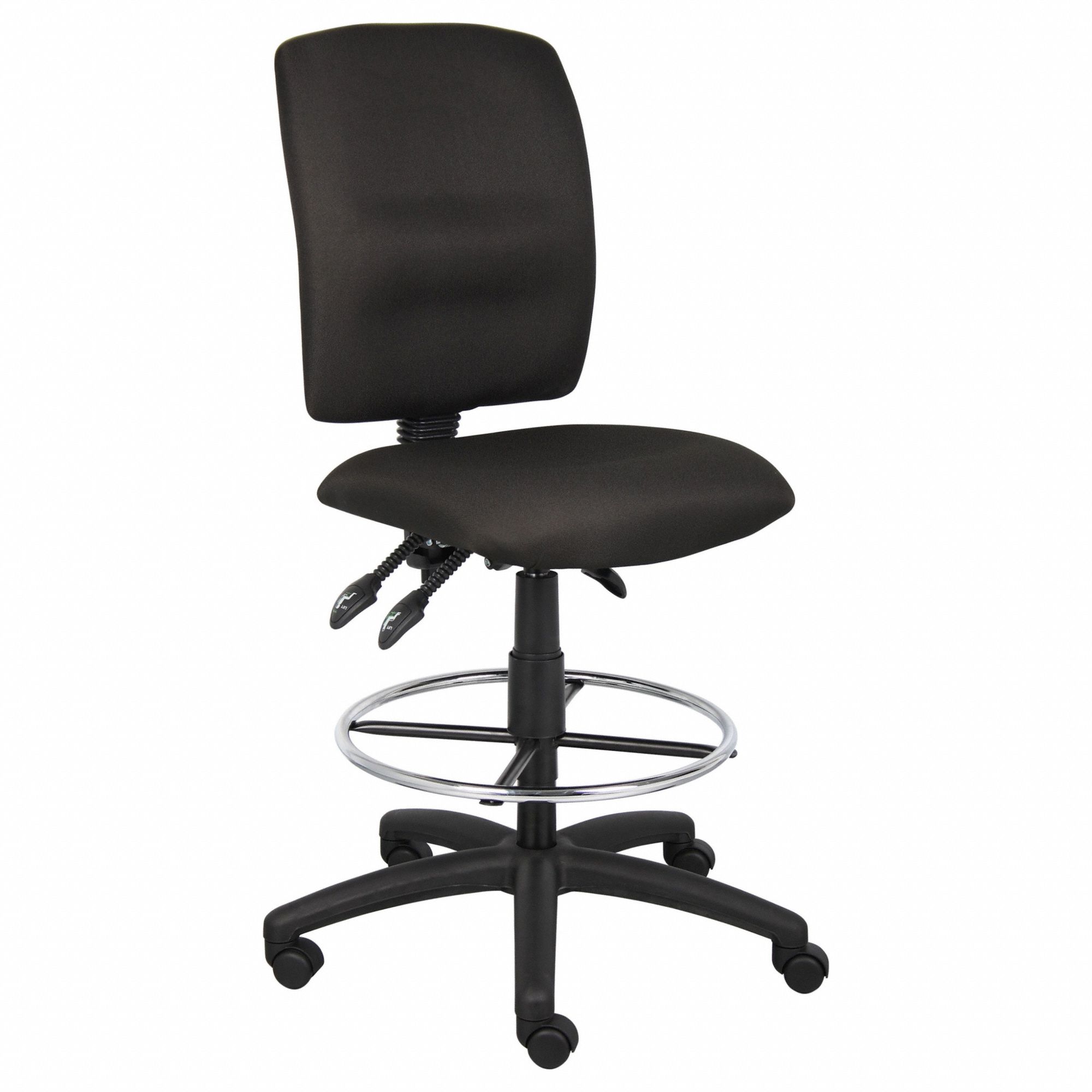 Drafting Chair: Black, Fabric Material, Armless Arm, 19 1/2 in Seat Wd, 17 1/2 in Seat Dp