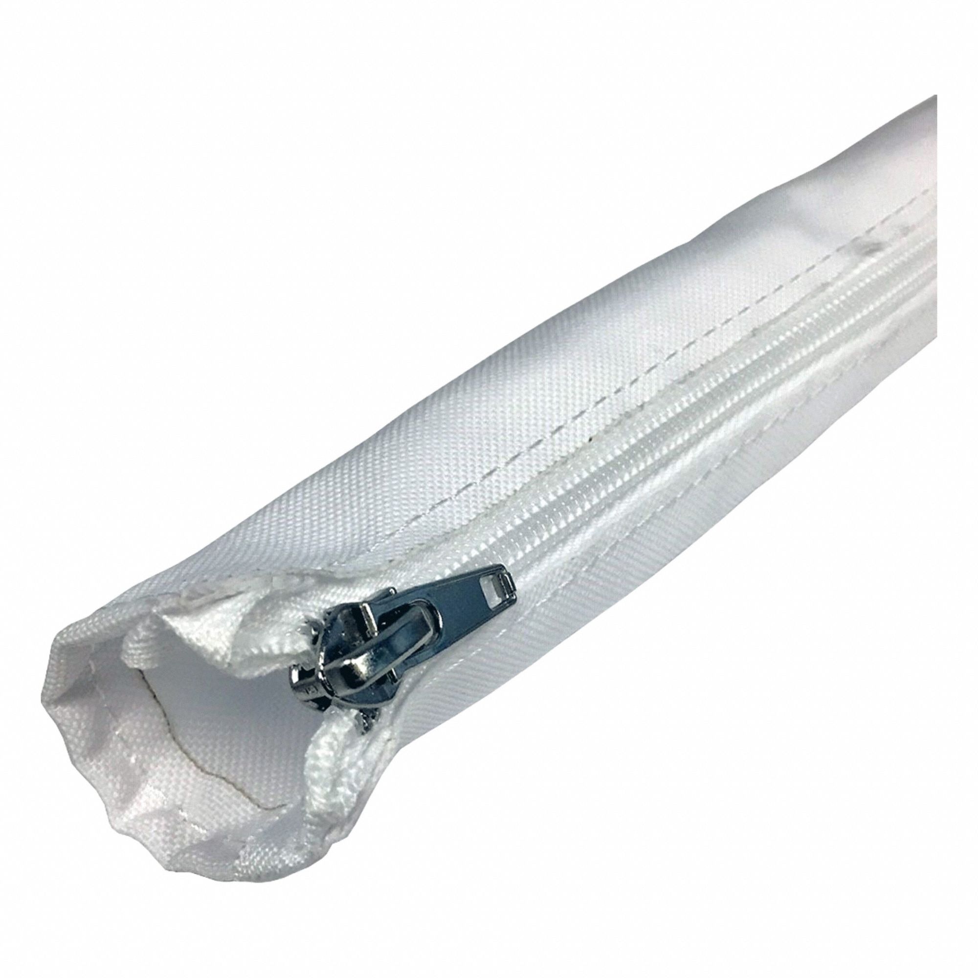 Braided Sleeving: 1 1/4 in Inside Dia, 3 ft Lg, Zipper Closure, Polyester, White, -40°C to 230°C