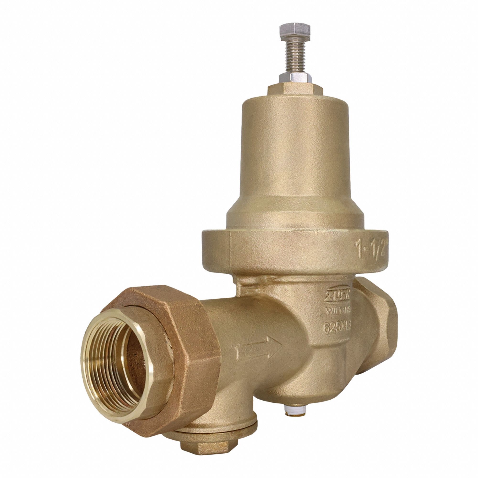 ZURN Pressure Reducing Valve: Solder x FNPT, 1 1/2 in Pipe Size, Bronze, 15 psi to 75 psi (MPN 112-625XL3C). Key specifications — Brand: ZURN; Union Type: Single Union; Low-Lead Compliance: Low-Lead Compliant.